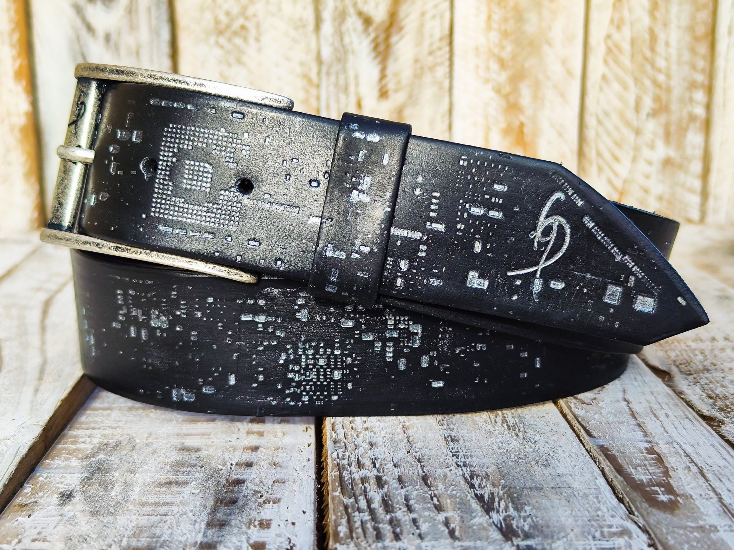 black leather belt with silver e stamp and silver removable buckle by ishaor