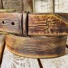 ishaor vintage brown leather cowboy belt, handmade 4.2cm western style. high quality distressed leather