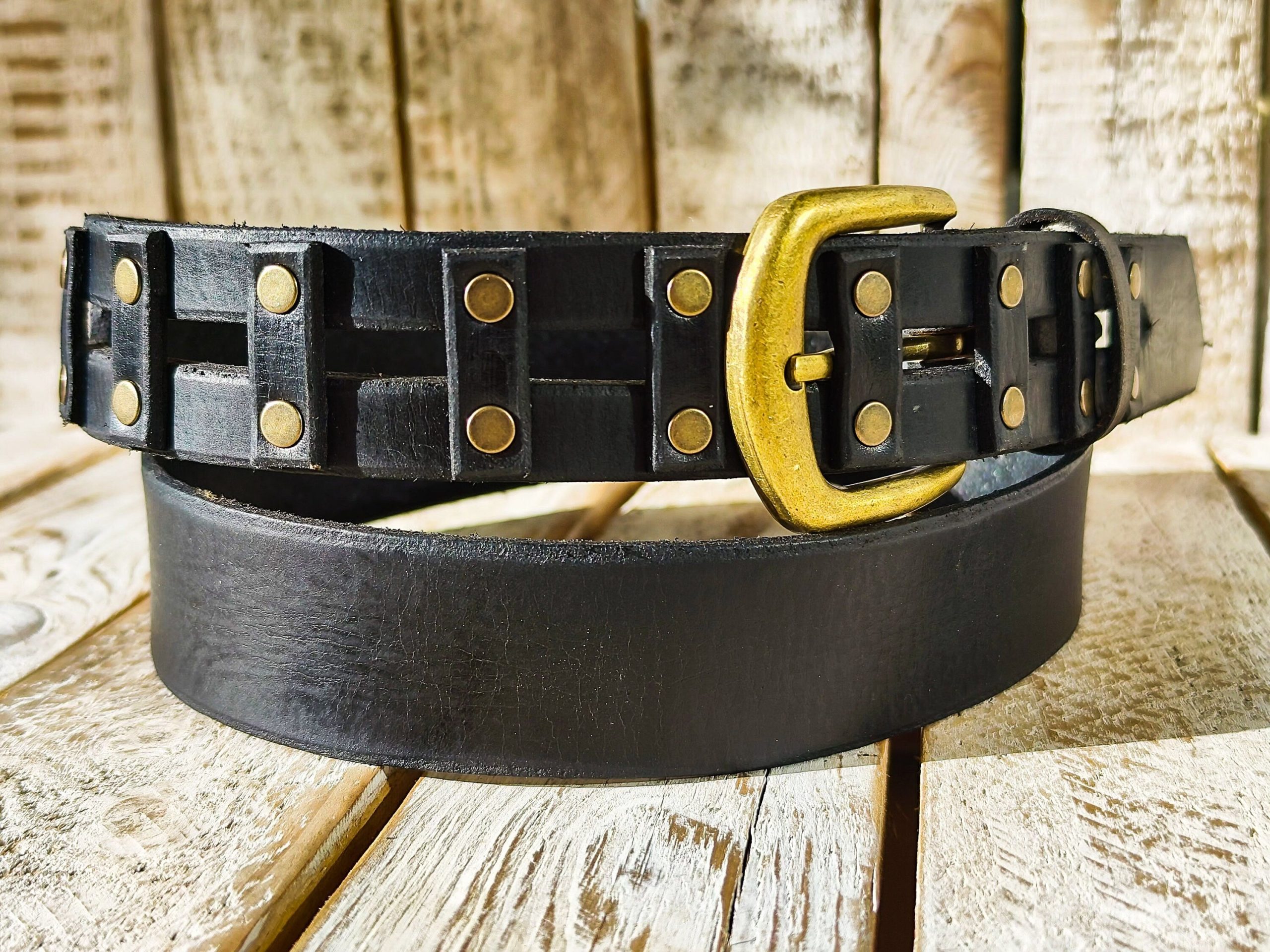 handcrafted original black leather studded belt (3.6cm width) with bronze buckle handcrafted original black leather studded belt (3.6cm width) with bronze buckle