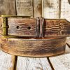 ishaor vintage brown leather cowboy belt, handmade 4.2cm western style. high quality distressed leather