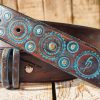 handmade brown leather belt with turquoise motorcycle gear design