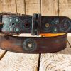 handmade brown leather belt with turquoise motorcycle gear design