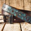handmade brown leather belt with turquoise motorcycle gear design