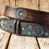 handmade brown leather belt with turquoise motorcycle gear design