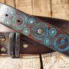 handmade brown leather belt with turquoise motorcycle gear design