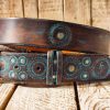 handmade brown leather belt with turquoise motorcycle gear design