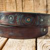handmade brown leather belt with turquoise motorcycle gear design