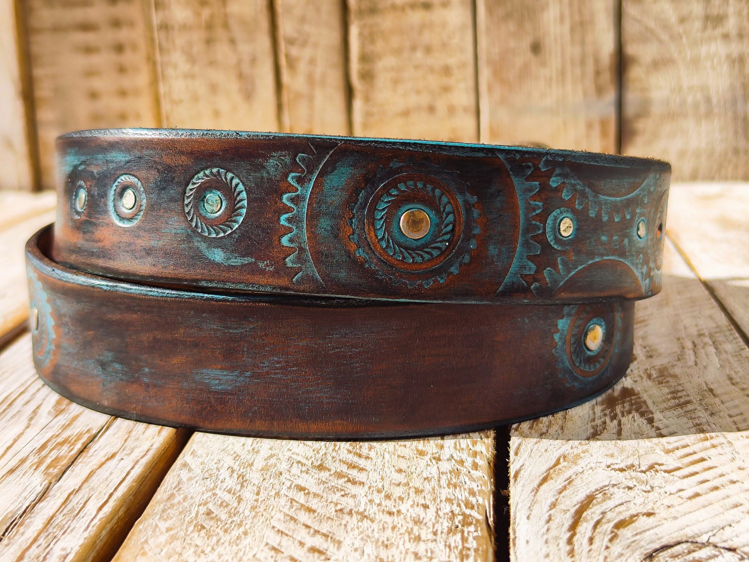 handmade brown leather belt with turquoise motorcycle gear design